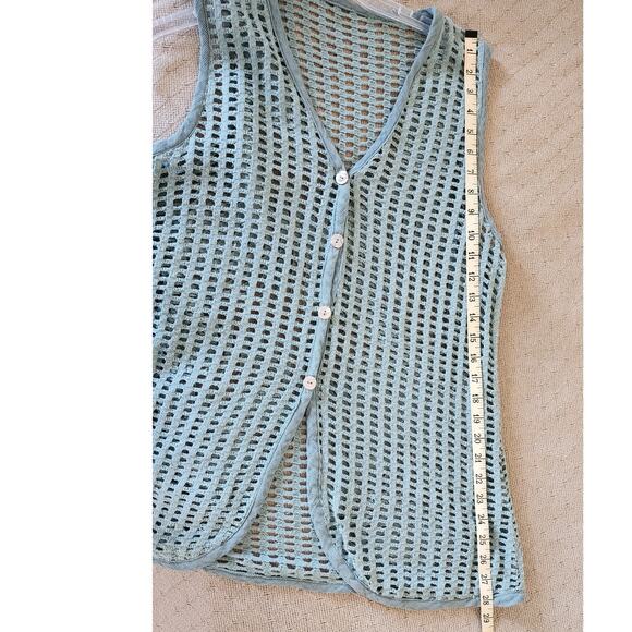 Vintage Moss Green Cotton  Openwork knit Stitch Vest with Abalone Button W SZ Sm - Picture 4 of 6